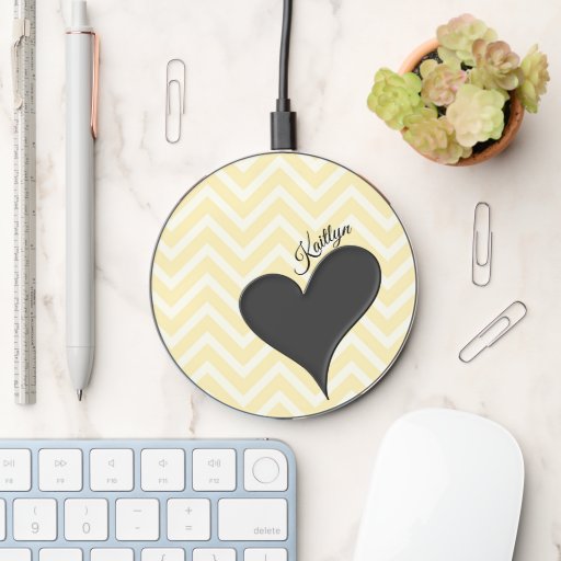 Black Heart on Yellow Chevron Stripe with Name Wireless Charger