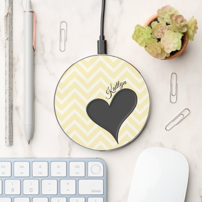 Black Heart on Yellow Chevron Stripe with Name Wireless Charger (Desk)
