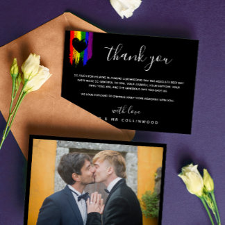 Black Heart Paint Strokes Pride Flag Photo Wedding Thank You Card