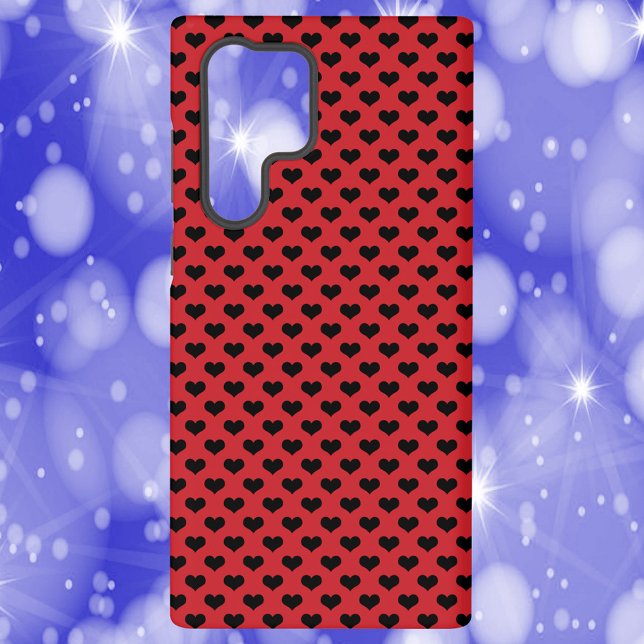 Black Heart Pattern Red Background Samsung Galaxy Case (A phone case with a pattern of black hearts on a red background)