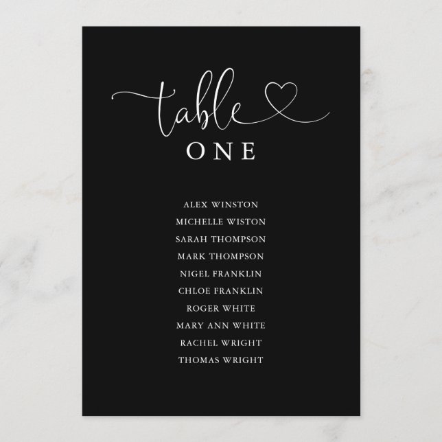 Black Heart Script Table Number Seating Chart (Front)