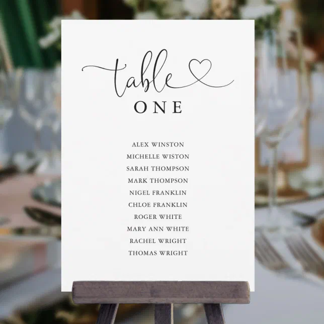 Black Heart Script Table Number Seating Chart | Zazzle