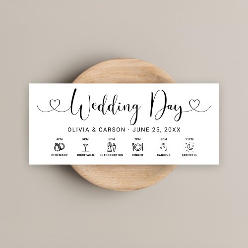 Black Heart Script Wedding Day Timeline Card