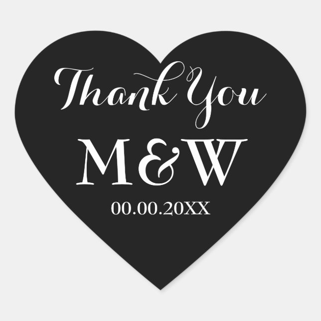 Black heart shaped wedding favor thank you sticker (Front)