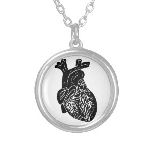 Black heart silhouette Human anatomy Art Silver Plated Necklace