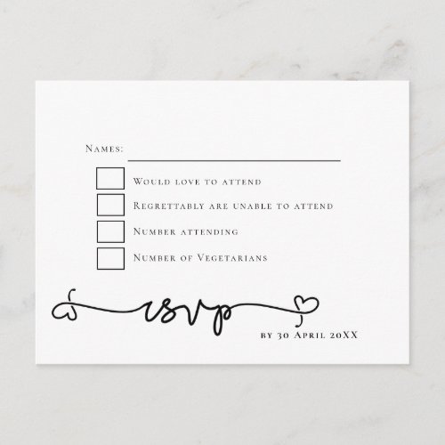 Black Heart Swash Script typography Wedding RSVP Postcard