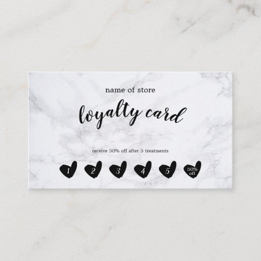 Customizable Black Heart White Marble Customer Loyalty Card