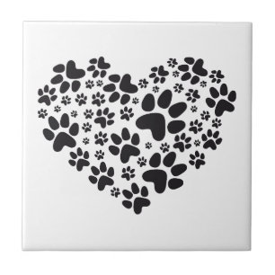 black heart with paws, animal foodprint pattern ceramic tile
