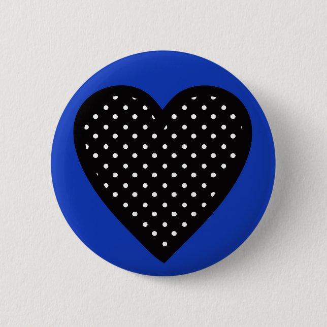 Black Heart with Polka Dots on Blue Background Button (Front)
