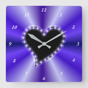 Black Heart with Stars on Purple Pink Rainbow Square Wall Clock