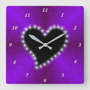 Black Heart with Stars on Purple Pink Rainbow Square Wall Clock