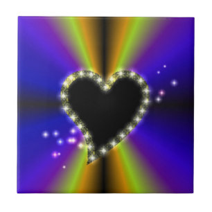 Black Heart with Stars on purple yellow Rainbow Ceramic Tile