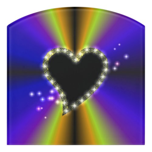 Black Heart with Stars on purple yellow Rainbow Door Sign