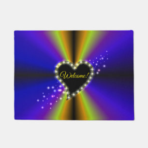 Black Heart with Stars on purple yellow Rainbow Doormat