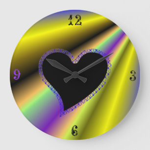 Black Heart with Stars on Rainbow Large Clock
