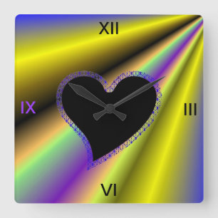 Black Heart with Stars on Rainbow Square Wall Clock