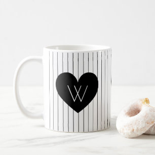 Black Heart with Vertical Stripes Pattern Monogram Coffee Mug