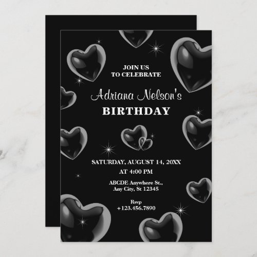 Black Hearts bubble birthday Invitation