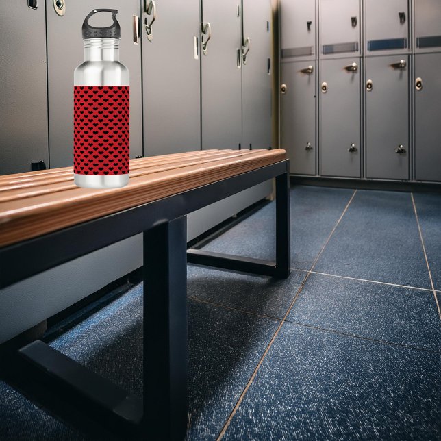 Black Hearts Pattern Red Background Stainless Steel Water Bottle (A water bottle with a pattern of black hearts on a red background.)