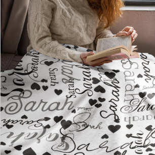 Black Hearts Personalized Name Replicated allover Fleece Blanket