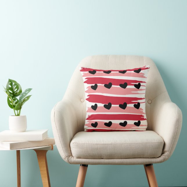 Black Hearts Red Pink Stripes Valentines Day Throw Pillow (Chair)