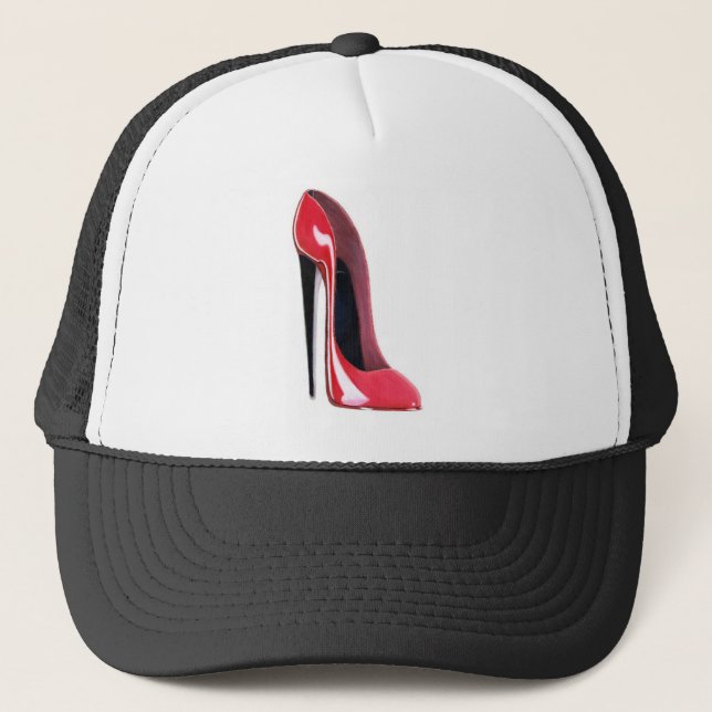 Black heel, red stiletto shoe trucker hat (Front)