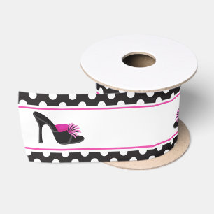 Black Heels Shoes with Black Polka Dots Satin Ribbon