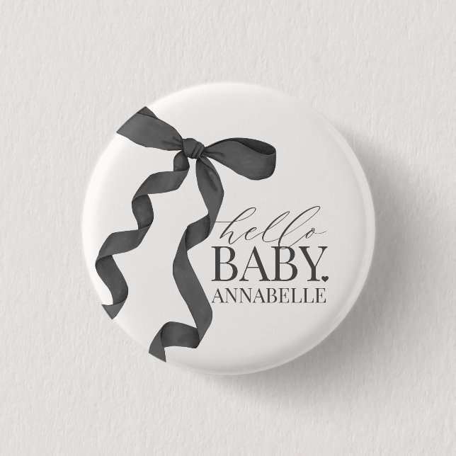 Black Hello Baby Bow Girl Baby Shower Favors Button (Front)