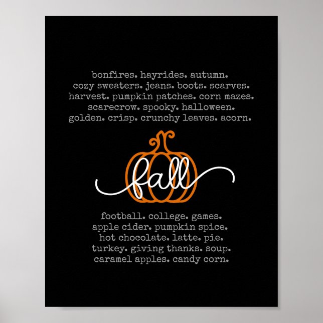 Black Hello Fall Definition Words Pumpkin Autumn Poster (Front)
