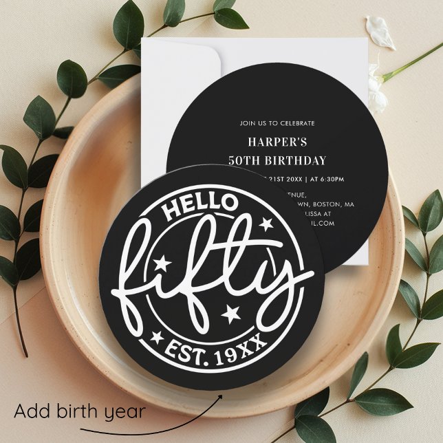 Black Hello Fifty 50th Birthday Invitation (Creator Uploaded)