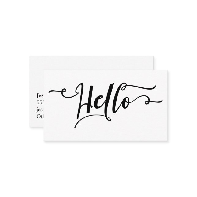 Black Hello Script Typography Over Editable White Business Card (Front/Back In Situ)