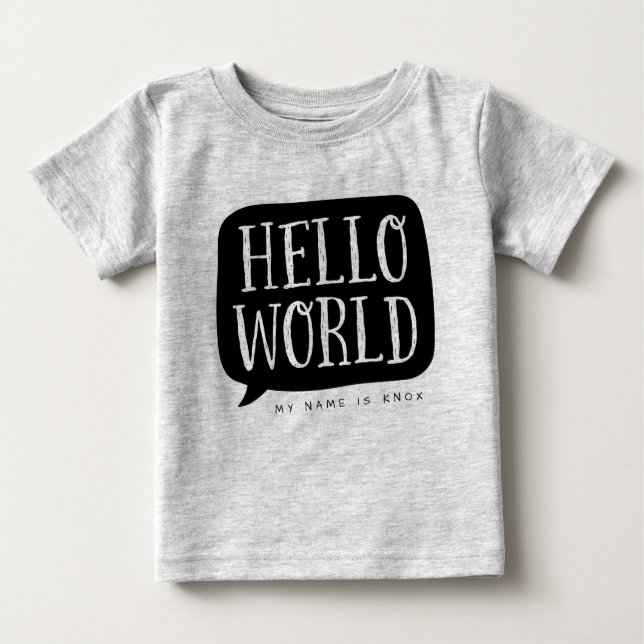 Black Hello World Personalized Name Baby T-Shirt (Front)