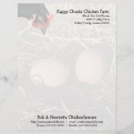 Black hen and eggs letterhead<br><div class="desc">A humorous photo portrait of a free ranging black crossbred hen, looking down at the background of a photo of two brown eggs in a bed of hay, making this ideal for egg producers whose poultry is kept indoors and are unable to use the term free range. The hen is...</div>