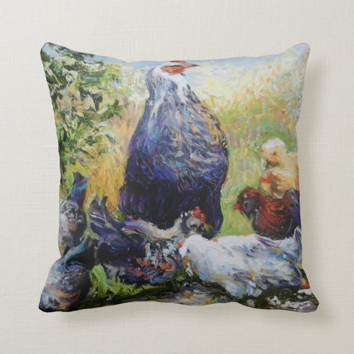 Black Hen with Chicks and Rooster Throw Pillows