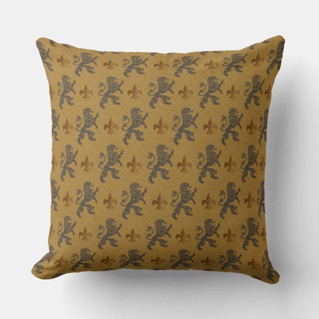 Black Heraldic Lions  Fleurs Throw Pillow (Front)