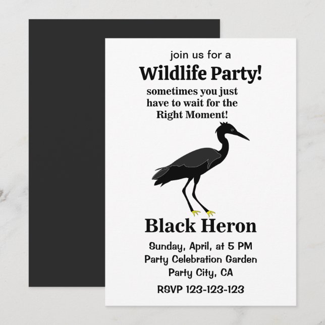 Black Heron Egret Bird Wildlife Party Invitation (Front/Back)