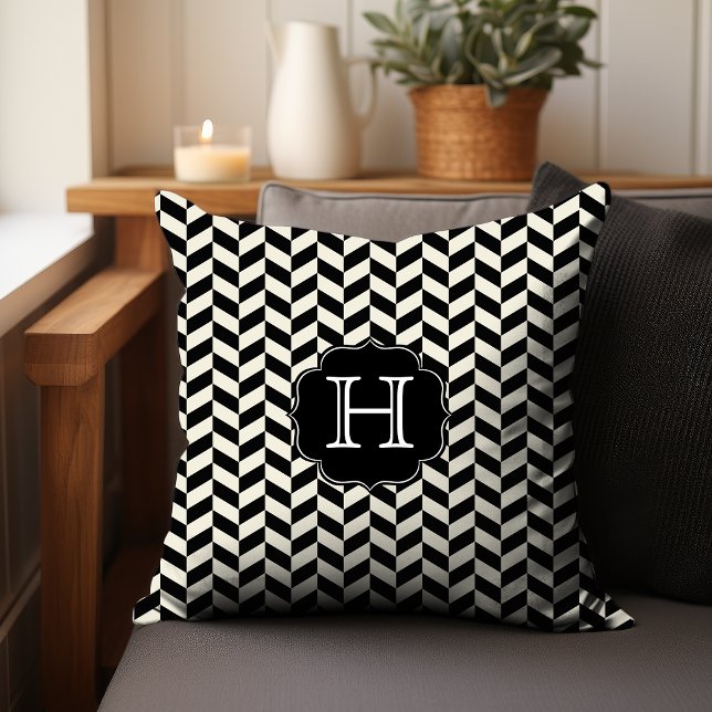 Black Herringbone Chevron Pattern with Monogram Throw Pillow (Personalize with your initial.)