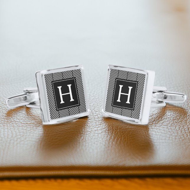 Black Herringbone Pattern Monogram Cufflinks (Creator Uploaded)