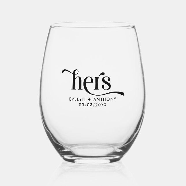 Black Hers Elegant Typography Design Stemless Wine Glass (Front)