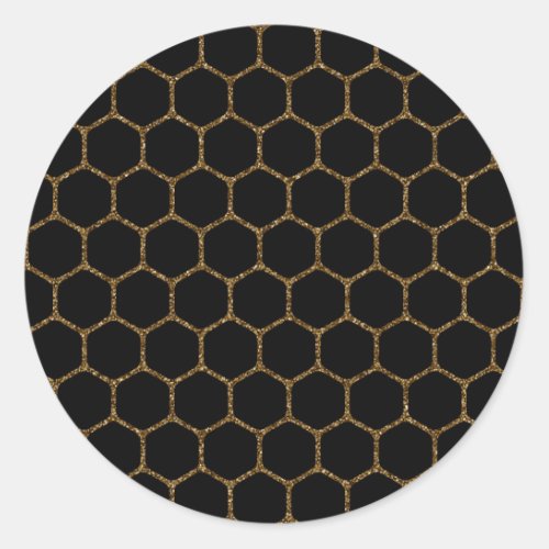 Black Hexagon Pattern in Gold Glitter Frame Classic Round Sticker