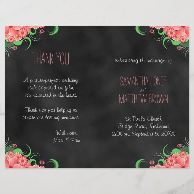 Black Hibiscus Pink Floral Bi-Fold Wedding Program (Front)
