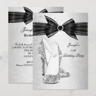 Black High Heel Shoe Silver Diamond Birthday Party Invitation