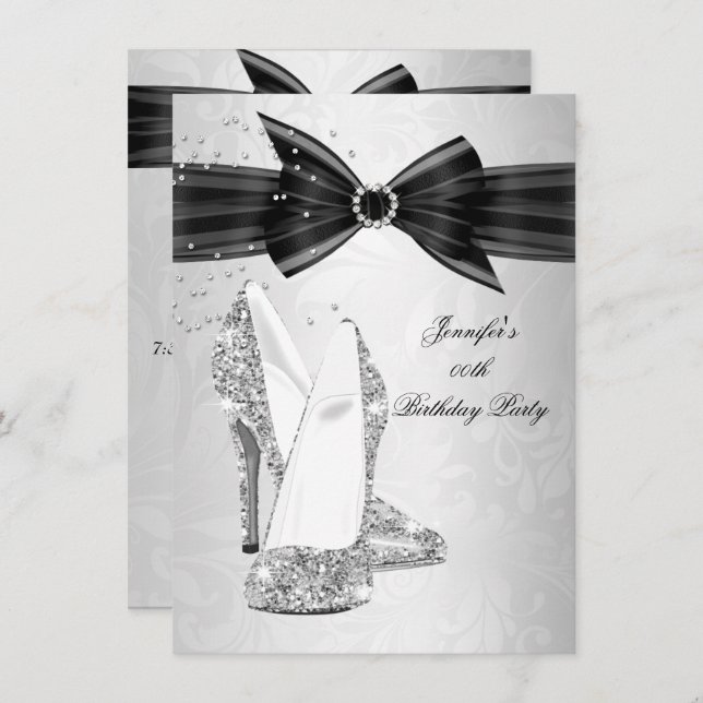 Black High Heel Shoe Silver Diamond Birthday Party Invitation (Front/Back)