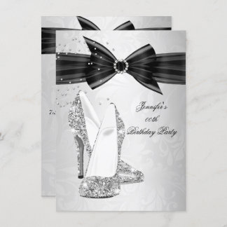 Black High Heel Shoe Silver Diamond Birthday Party Invitation