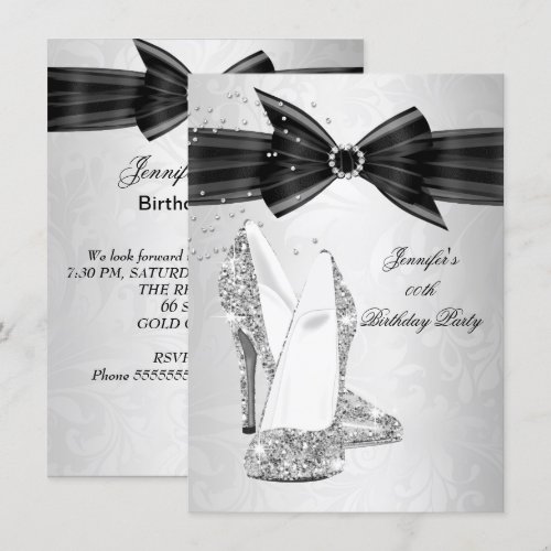 Black High Heel Shoe Silver Diamond Birthday Party Personalized Invite