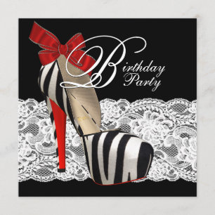 Black High Heel Shoes Red Zebra Birthday Party Invitation