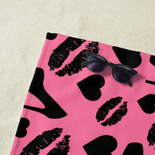 Black High Heels Kisses Lips Girly Makeup Hearts Beach Towel