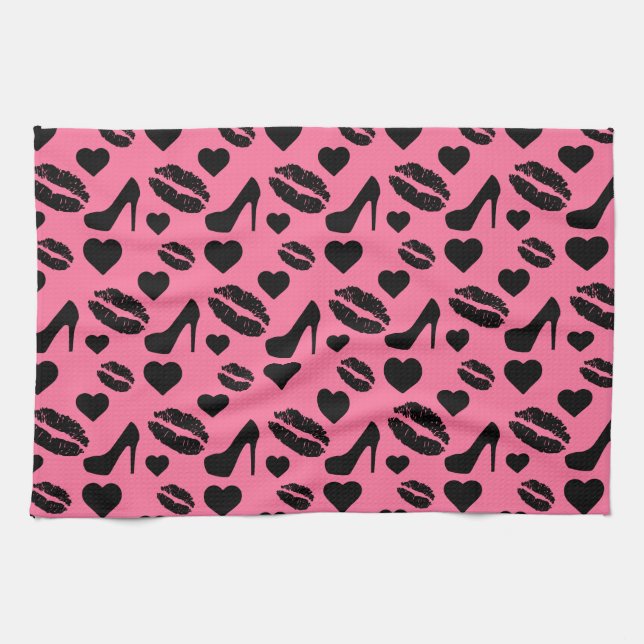 Black High Heels Kisses Lips Girly Makeup Hearts Kitchen Towel (Horizontal)