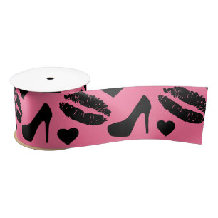 Black High Heels Kisses Lips Girly Makeup Hearts Satin Ribbon
