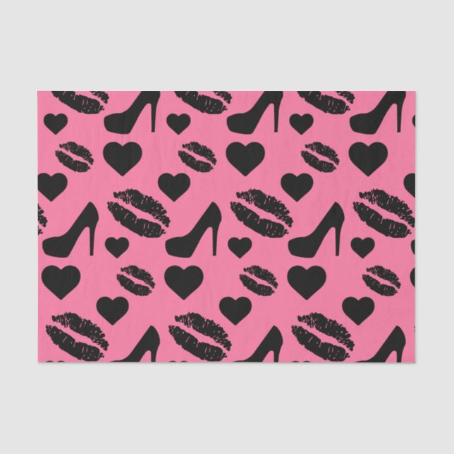 Black High Heels Kisses Lips Girly Makeup Hearts Tissue Paper (Front)